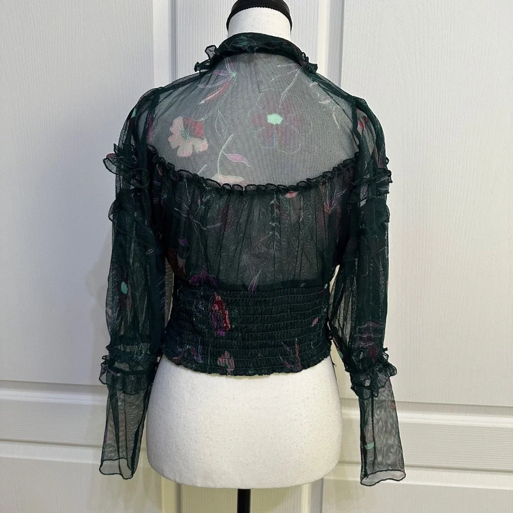Free People Green Floral Sheer Mesh Smocked Blouse S Whimsigoth Victorian Fairy